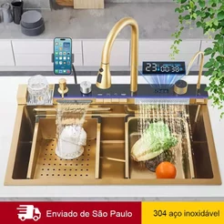 Cuba Cozinha Pia Aço Inox 304 Com Acessórios Cascata Multifuncional Pia Premium Cor Dourado