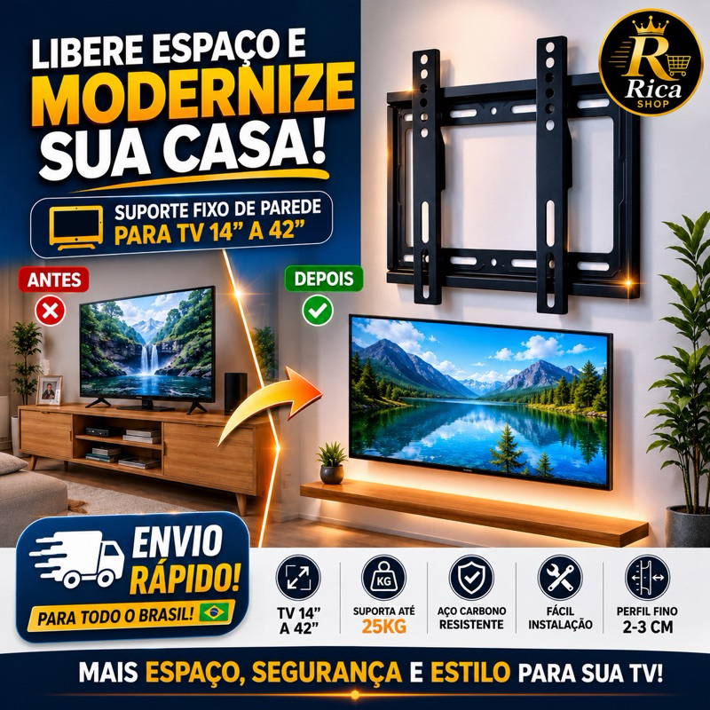 Suporte Fixo Para TV 14 a 42 Polegadas Universal LED LCD Plasma VESA Até 25kg