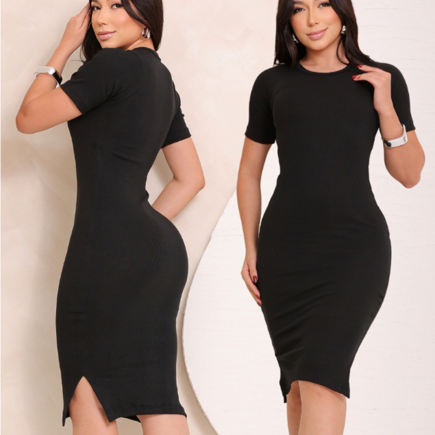Vestido Feminino Midi Ribana Canelado Casual Elegante Confortável Dia A Dia