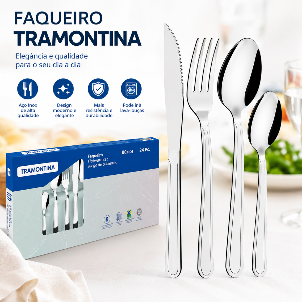 Kit Conjunto Jogo Faqueiro Tramontina Talheres 24 Peças Búzios Original Aço Inox