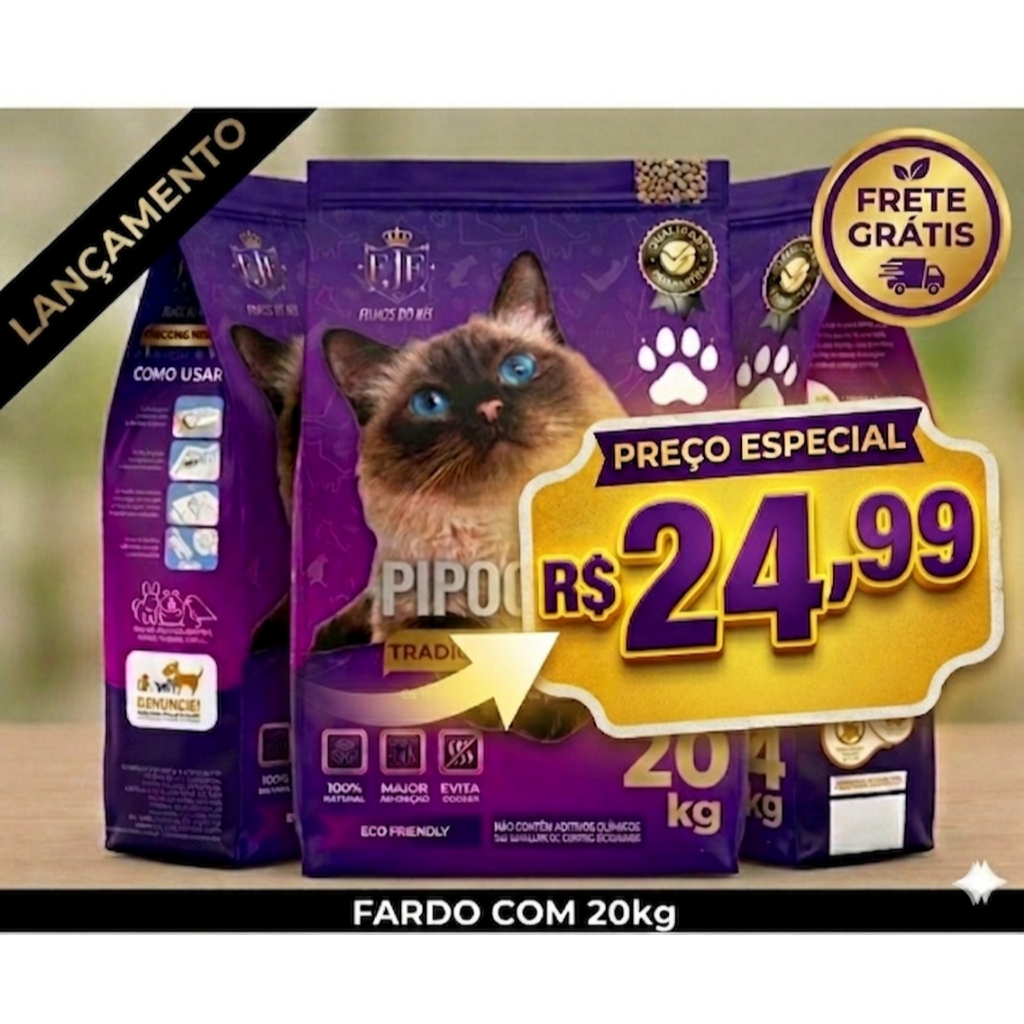 Kit 20kg Areia Sanitária Higiênica Argila Natural p/ Gatos Grãos Médios Tradicional 20kg PipocaCat