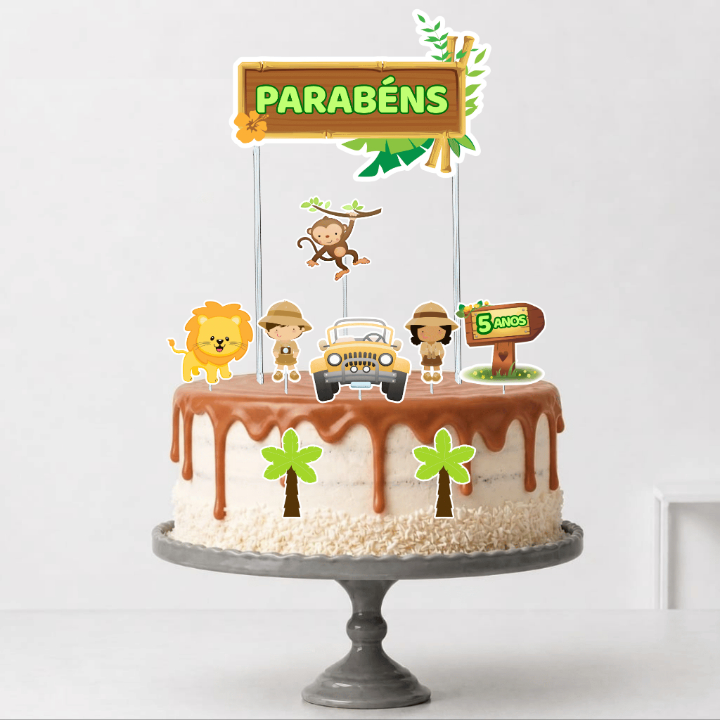 Topper Topo de Bolo Personalizado Safari - Chá de Bebê, Mesversário e Aniversário (Pronto para Uso)