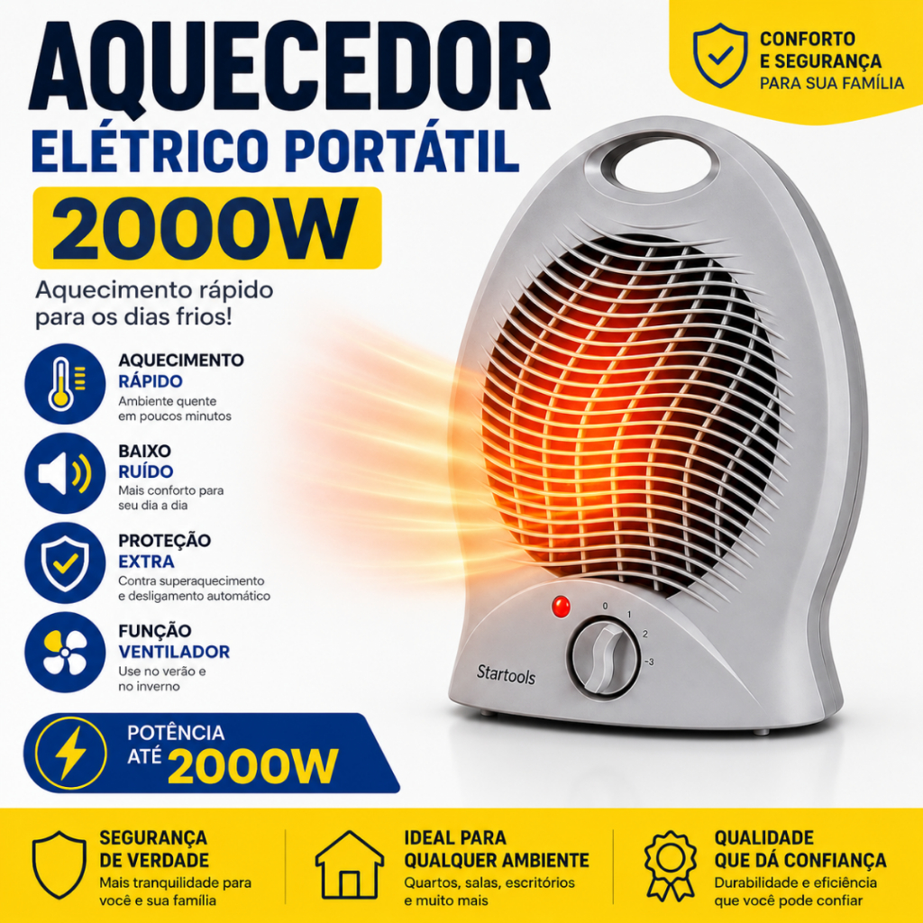 Aquecedor Eletrico Portatil 2000W Alta Potencia Compacto Eficiente 220V  127V  quarto sala ambientes