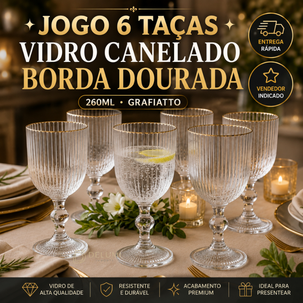 ✨ Jogo 6 Taças Vidro Canelado Borda Dourada 260ml Grafiatto Versalhes Cameratta Fio de ouro Luxo Mesa Posta Água Vinho 🥂