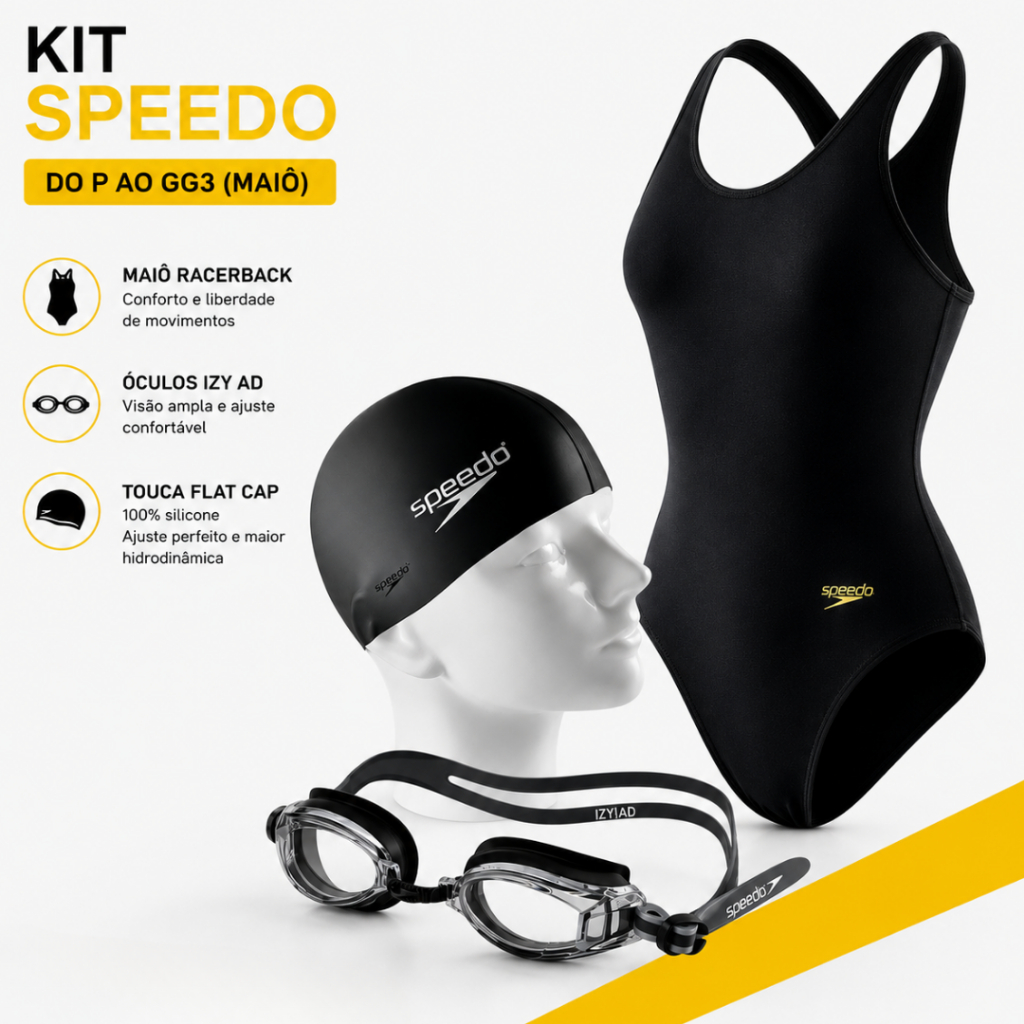 Kit de Natação Speedo Maiô Touca Silicone Óculos de Natação Hidroginástica