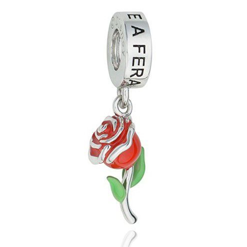 Berloque Pingente De Rosa A Bela Em Prata 925 Legítima Luxo Para Pulseira Life Princesas Presente