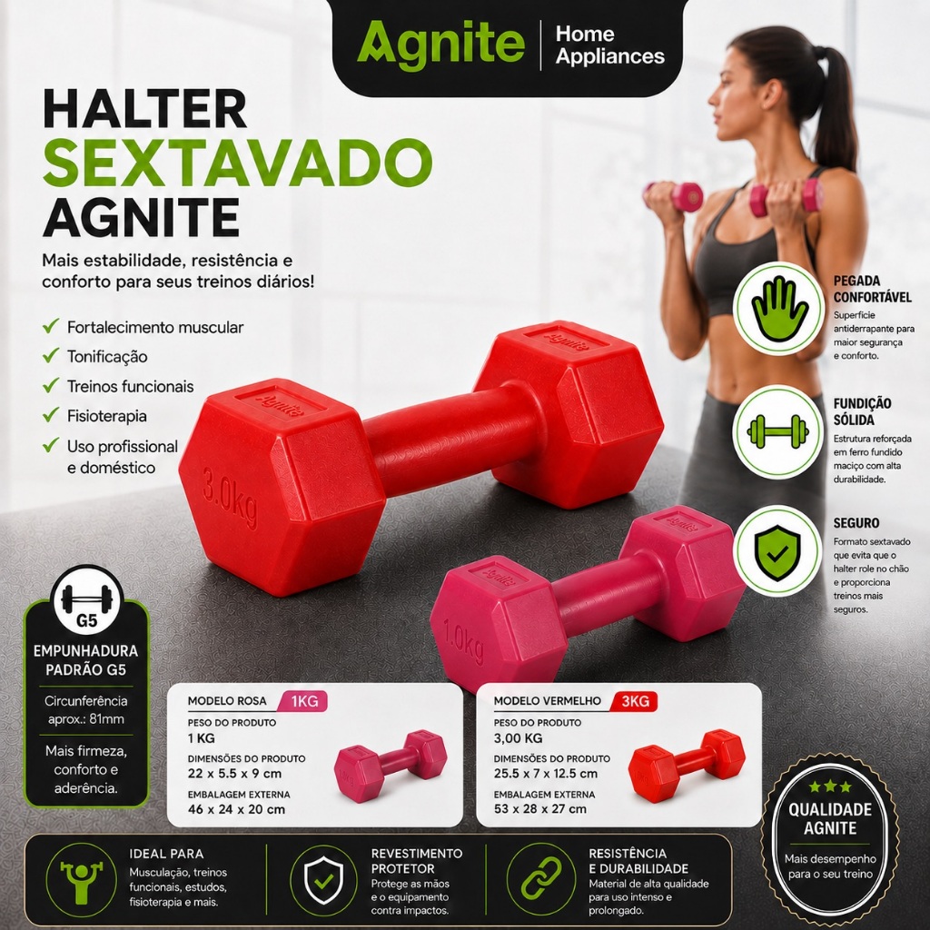 Par de Halteres Sextavados PVC Deli Agnite 1kg ou 3kg para Fitness e Musculação