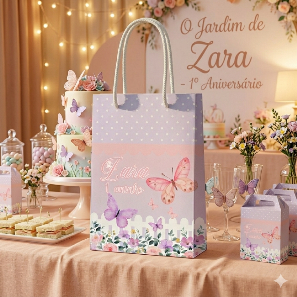 Sacolinha (P) | Sacola Jardim das Borboletas | Personalizada |Lembrancinha de Aniversário | PEGUE E MONTE