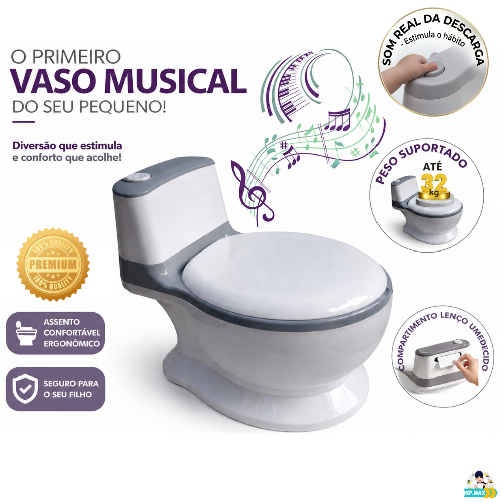 Privadinha Infantil  Musical ( Som Real da Descarga) 32Kg Bebe Troninho Penico Desfralde Cinza