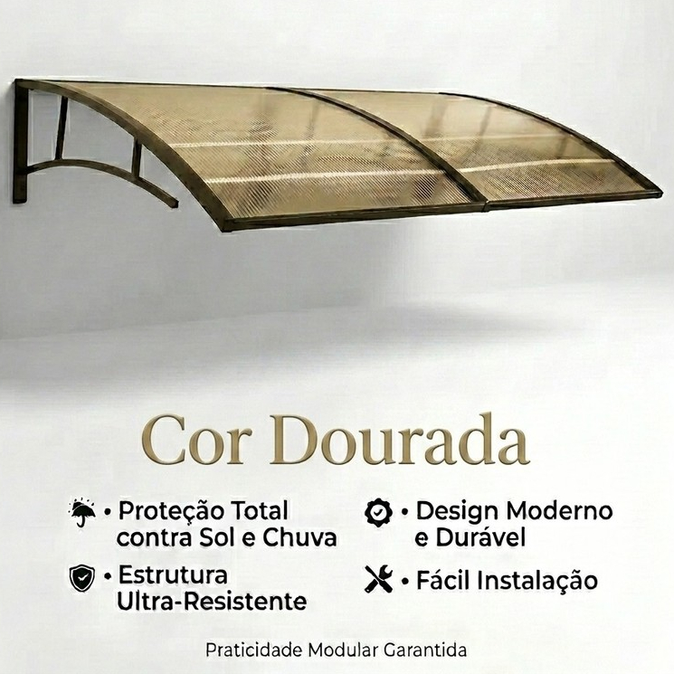 Toldo Policarbonato Dourado 100 a 200x70cm Alta Resistência, Proteção UV Área Externa Porta e Janela