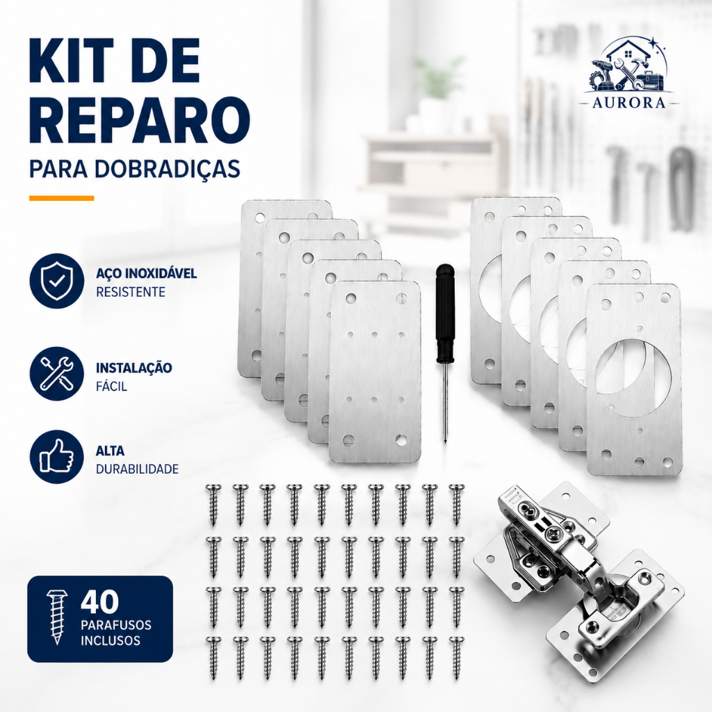 Kit 10 Placas Reparo Dobradiça Armário MDF Porta com Parafusos