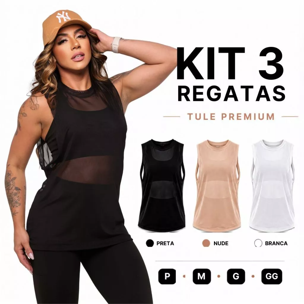 Kit 3 Regata Transparente de Tule Academia Feminina Regatão Blusa Moda Fitness — imagem 1