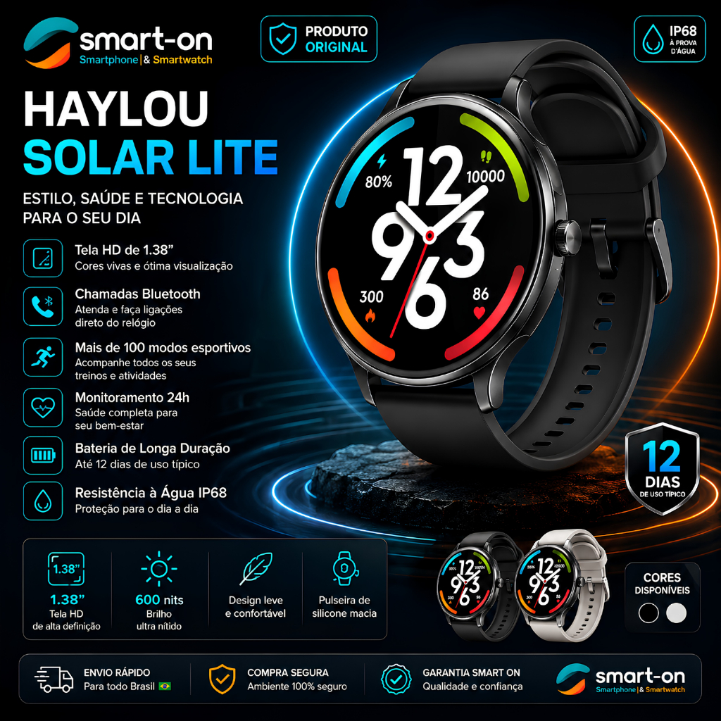 Smartwatch Haylou Solar Lite Original Bluetooth Android iPhone IP68 Bateria Longa Esportivo