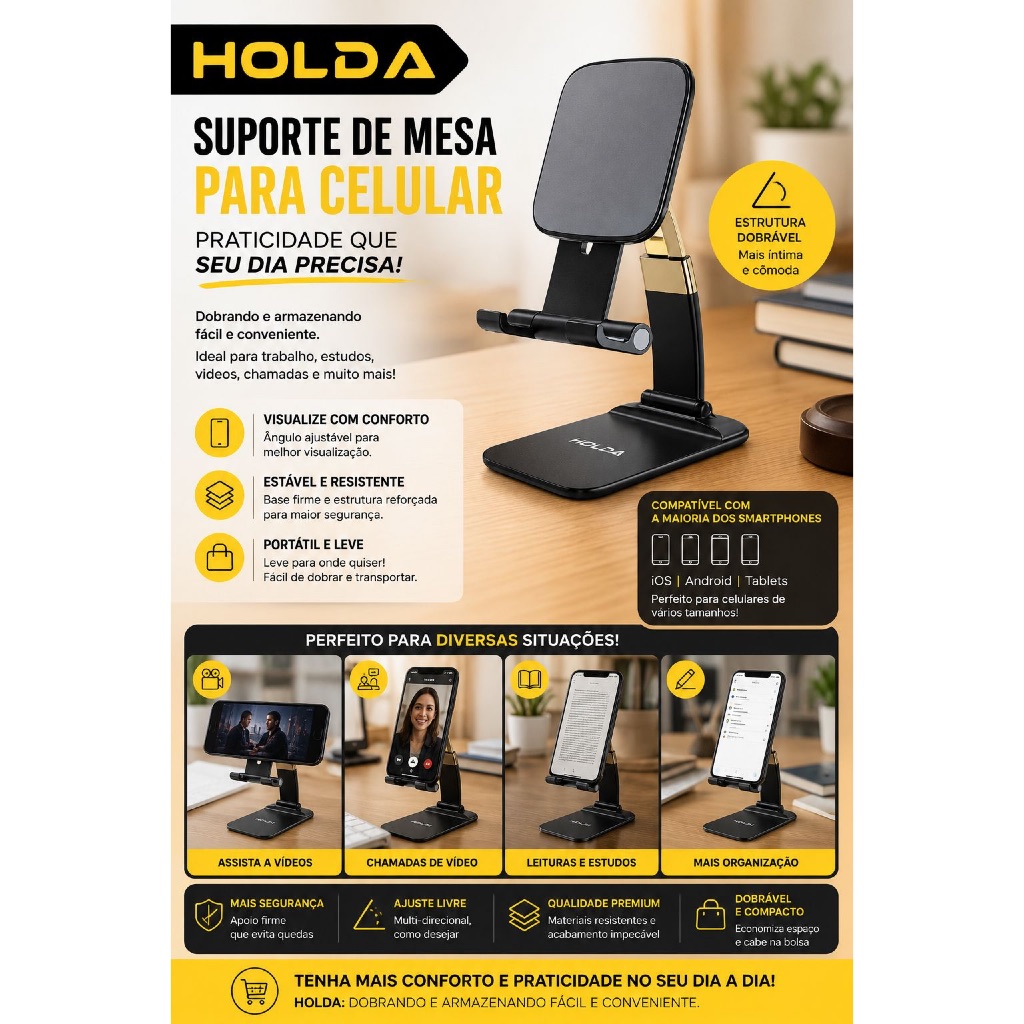Suporte de Mesa para Celular Dobrável Ajustável Universal HOLDA H-C011 para Smartphone