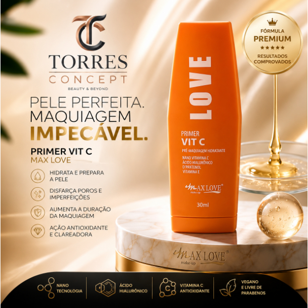 Primer Vitamina C Max Love Anti-Idade Clareador Facial Acido Hialuronico Pre Maquiagem Hidratante