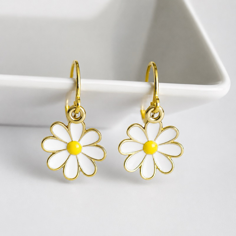 Brincos Flor Margaridas Coloridas esmaltada fecho click aço inox pingente banhado kawai