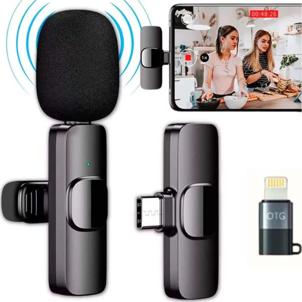 Microfone Lapela Sem Fio Tipo-C Adaptador Lightning iPhone Celular Câmera Filmagem