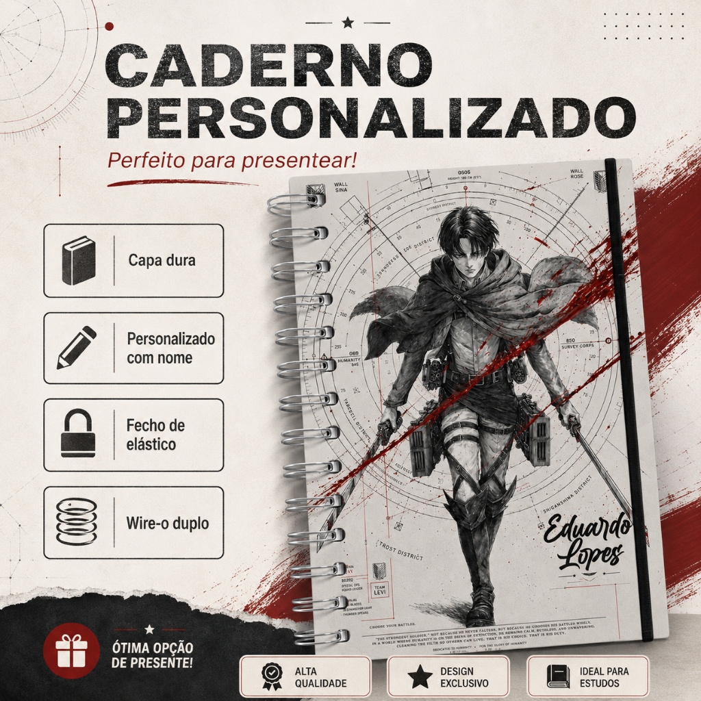 Caderno Personalizado do Attack On Titan com Nome Capa Dura Wire-O 22x16cm Premium 120 Folhas