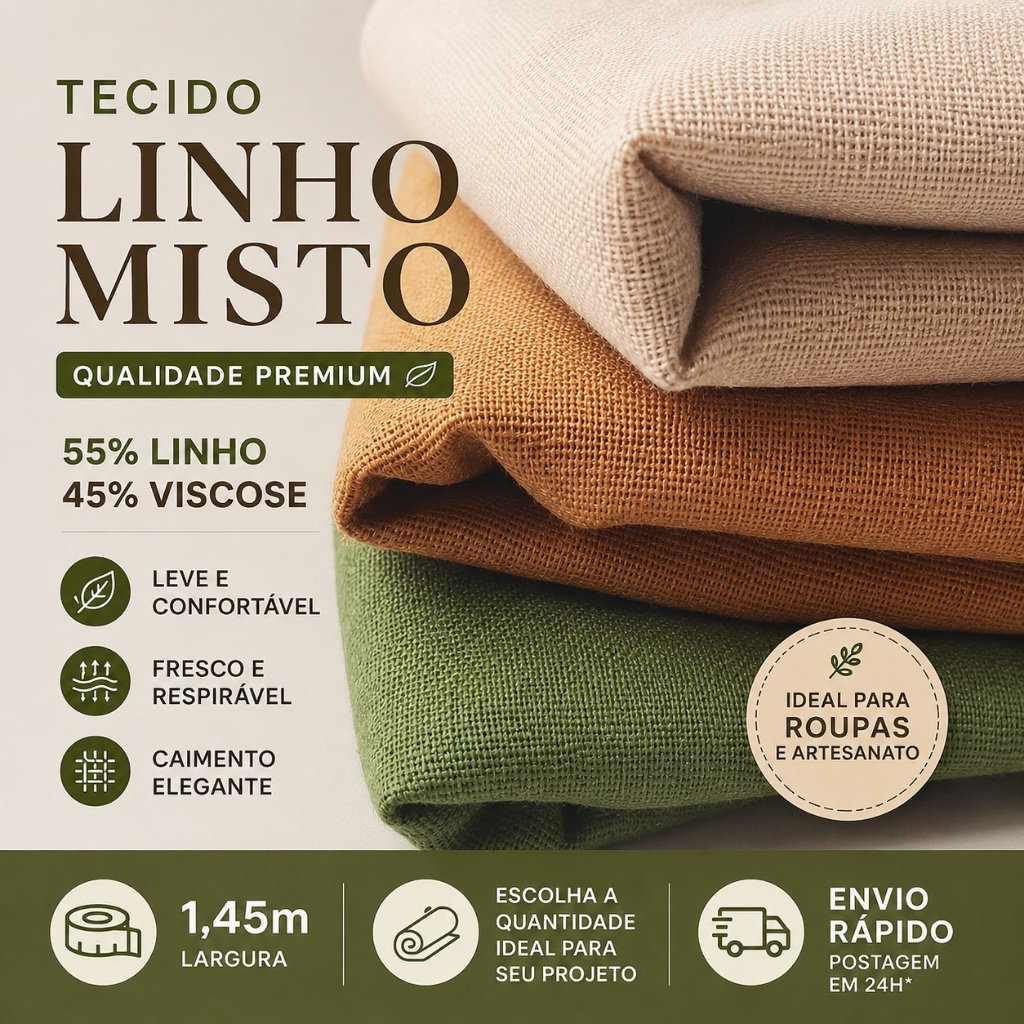 Tecido Linho Misto com Viscose Premium –55% Linho + 45% viscose Tecido atemporal , Leve e Confortável Venda por metro