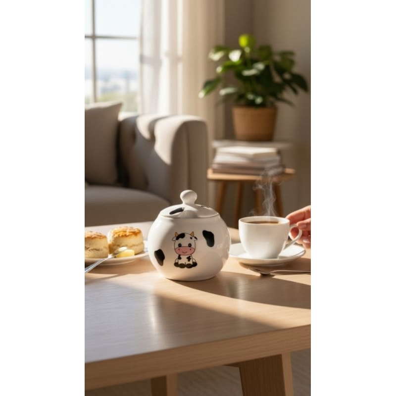 Açucareiro Vaquinha de Porcelana 400ml Pote para Açúcar Cantinho do Café Decoração Cozinha