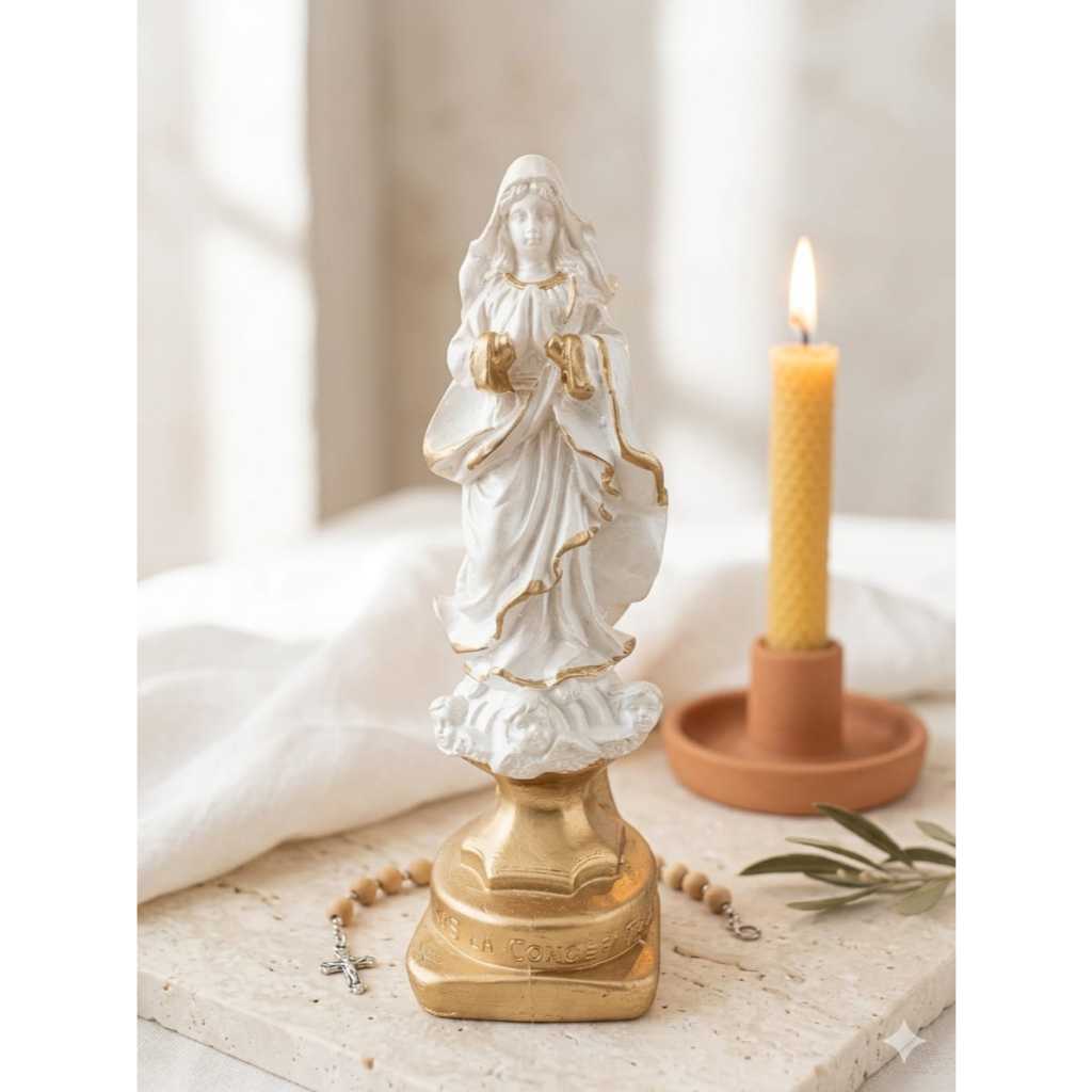 Imagem imaculada conceição 20 cm gesso pintura perola e dourado arte sacra presente de fé decoração religiosa