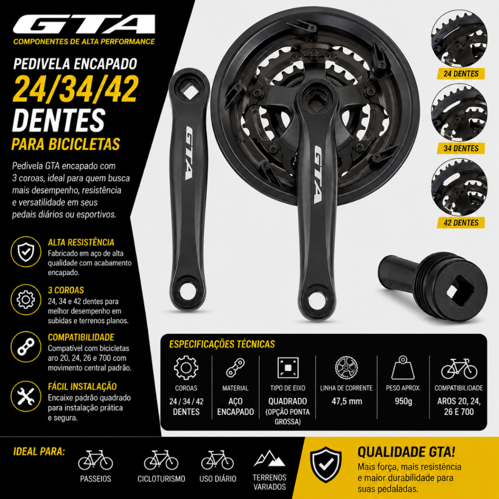 PEDIVELA ENCAPADO GTA 24/34/42 DENTES PARA BICICLETA