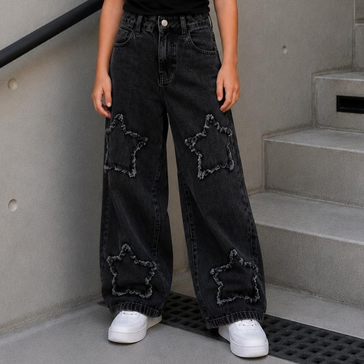 Calça Jeans Juvenil Feminina Wide Leg Destroyed Estrela Preto/Azul Claro