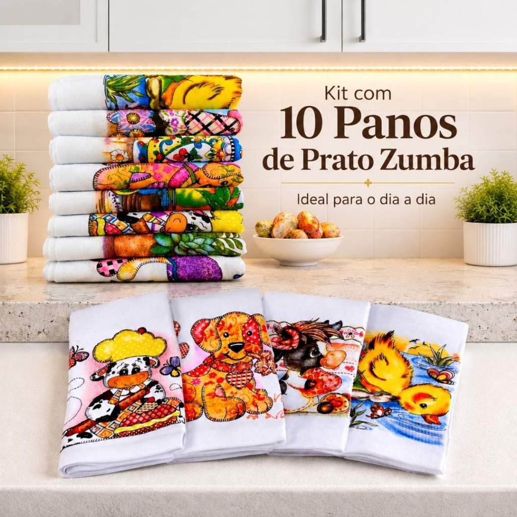 Kit 10 Peças Pano De Prato Estampado Algodão Bainha Cozinha Louça Decoração Reforçado Qualidade