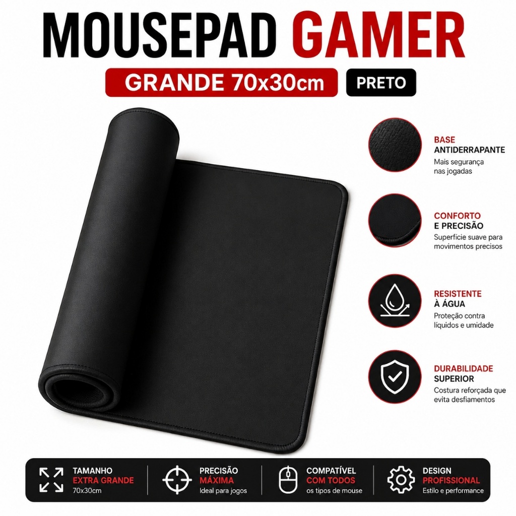 Mousepad Gamer Grande 70x30cm Preto Antiderrapante Tecido Emborrachado para PC e Setup