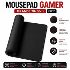 Mousepad Gamer Grande 70x30cm Preto Antiderrapante Tecido Emborrachado para PC e Setup