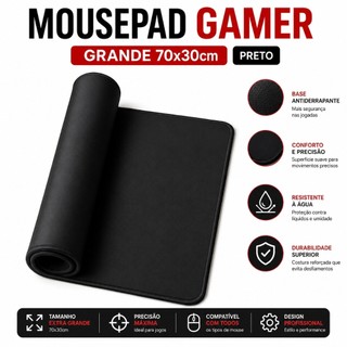 Mousepad Gamer Grande 70x30cm Preto Antiderrapante Tecido Emborrachado para PC e Setup
