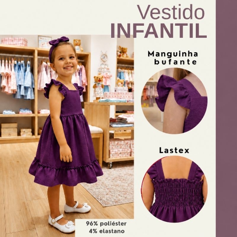 Vestido Infantil Menina - Manga Bufante Princesa Tendência