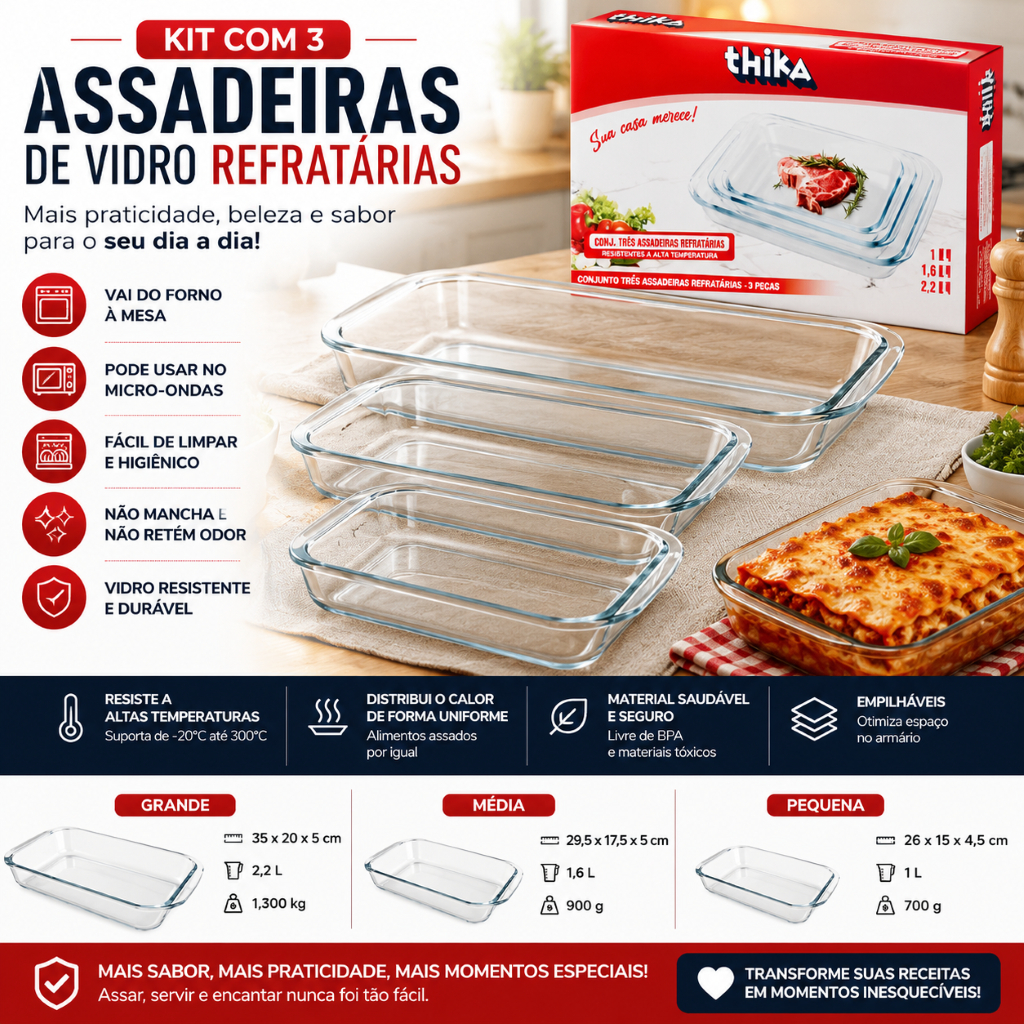 KIT 3 ASSADEIRAS TRAVESSA RETANGULAR DE VIDRO RETANGULAR REFRATARIAS