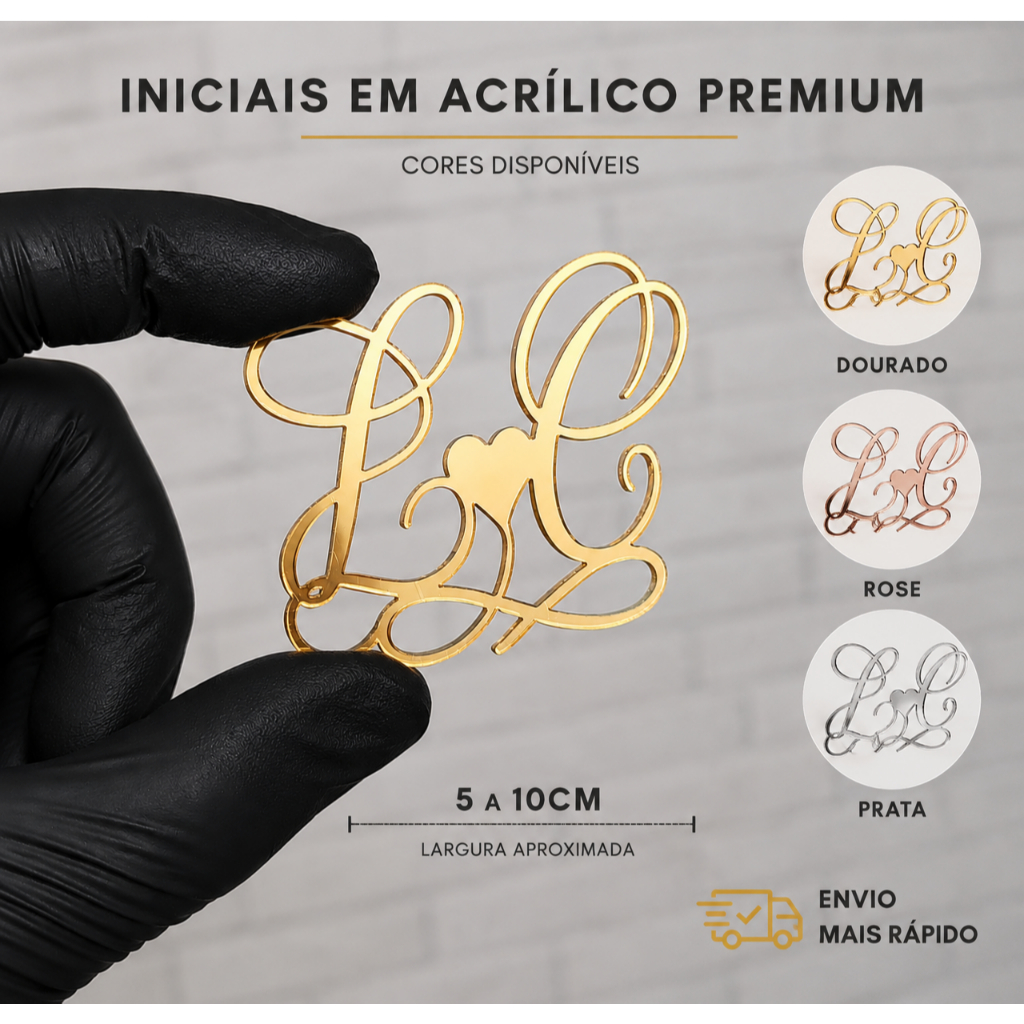 Aplique Iniciais | Monograma em Acrílico Espelhado | Tamanho 5cm, 7cm e 10cm Personalizado