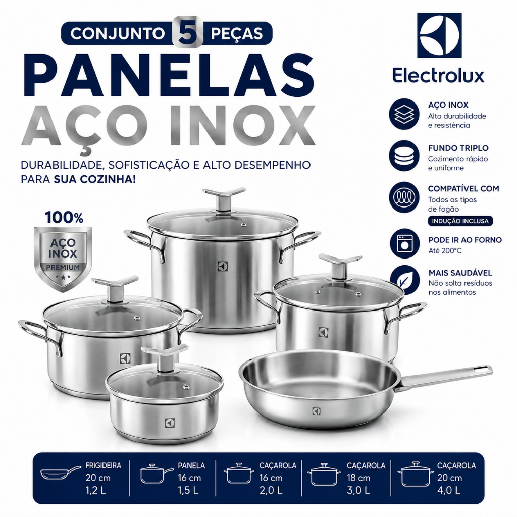 Conjunto de Panelas em Aço Inox Electrolux Luxo Premium com 5 Peças Antiaderente Casa Cozinha