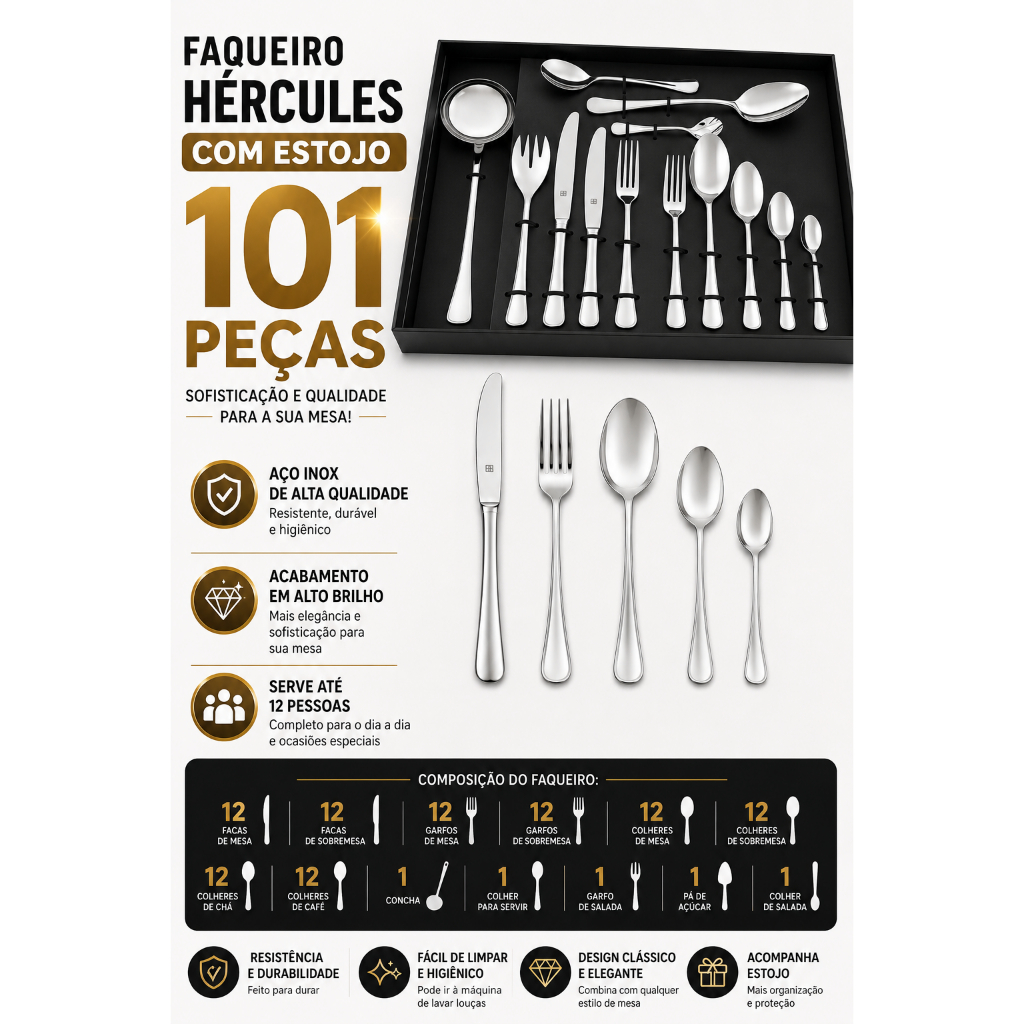 Faqueiro Jogo de Talheres Eclipse 101 peças Faqueiro Hercules Aço Inox utensílios cozinha Com Estojo
