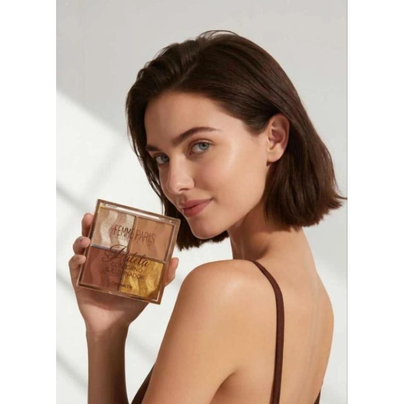 Paleta De Sombra Contorno e Iluminador Olhos e Rosto Facial Dourado Brilhante e Marrom Quarteto De Sombras