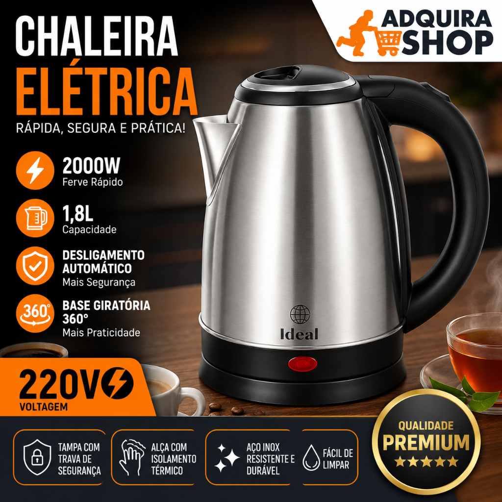 Chaleira Elétrica Inox 1,8L Café Chá 127V/220V - Ferve Rápido Desligamento Automático
