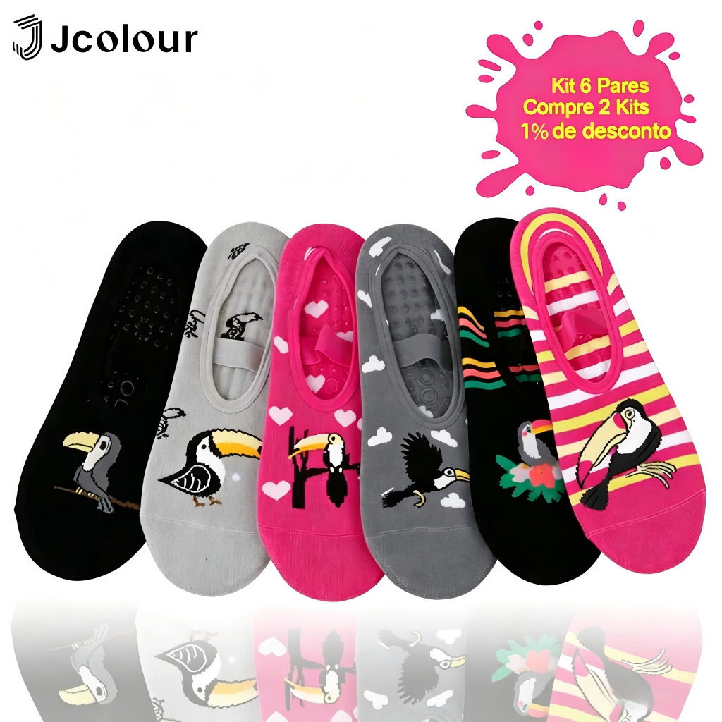 Imagem Jcolour Kit 6 Meias Sapatilhas Antiderrapante Pilates Yoga Hidroginástica Academia Dança Tam.33-39
