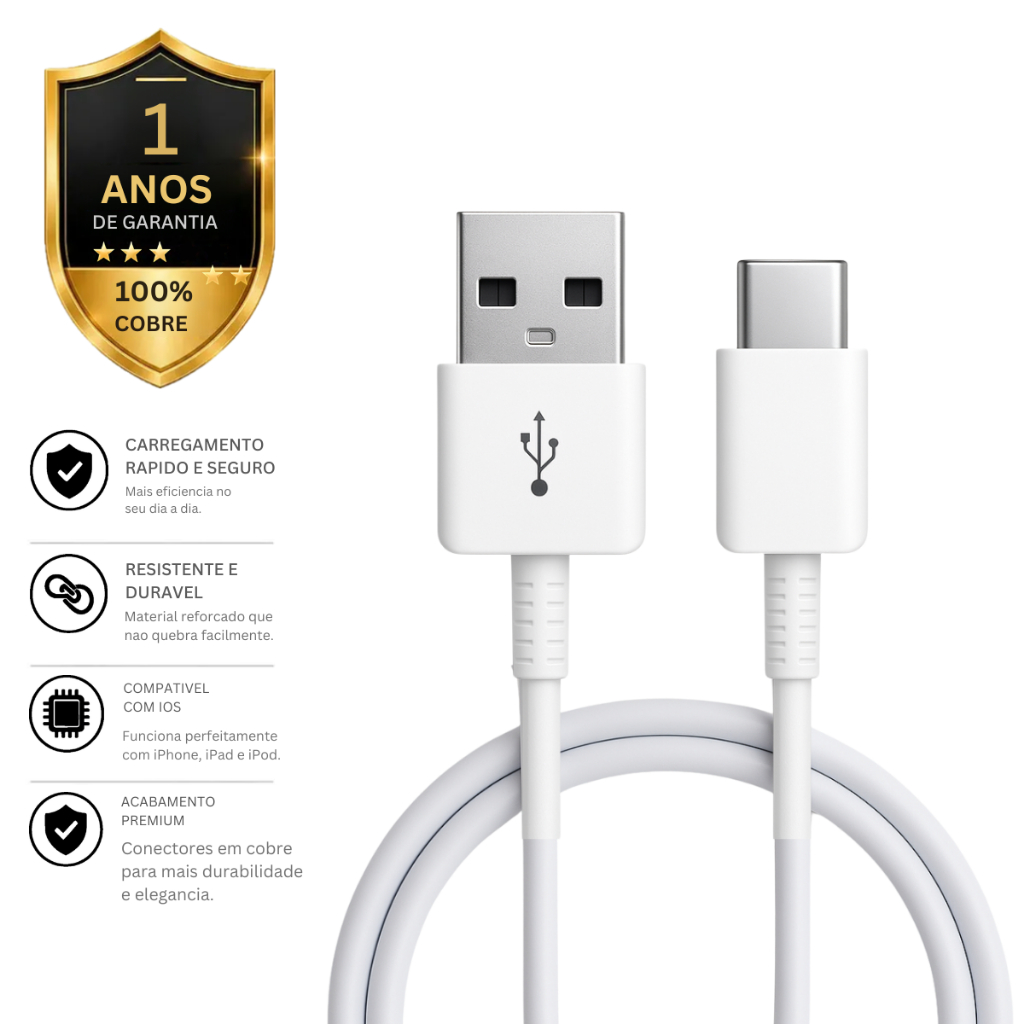 Cabo Carregador Tipo C Turbo 60w PD Usb C Original de Carregamento Rápido e Dados