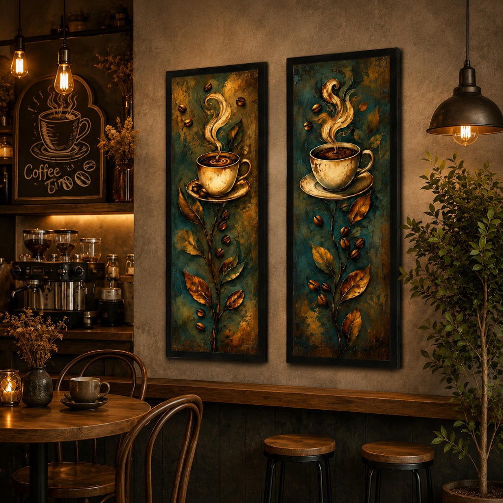 Kit 2 Peças Decorativos Café Gourmet Vintage – Conjunto Premium com Xícaras e Grãos de Café