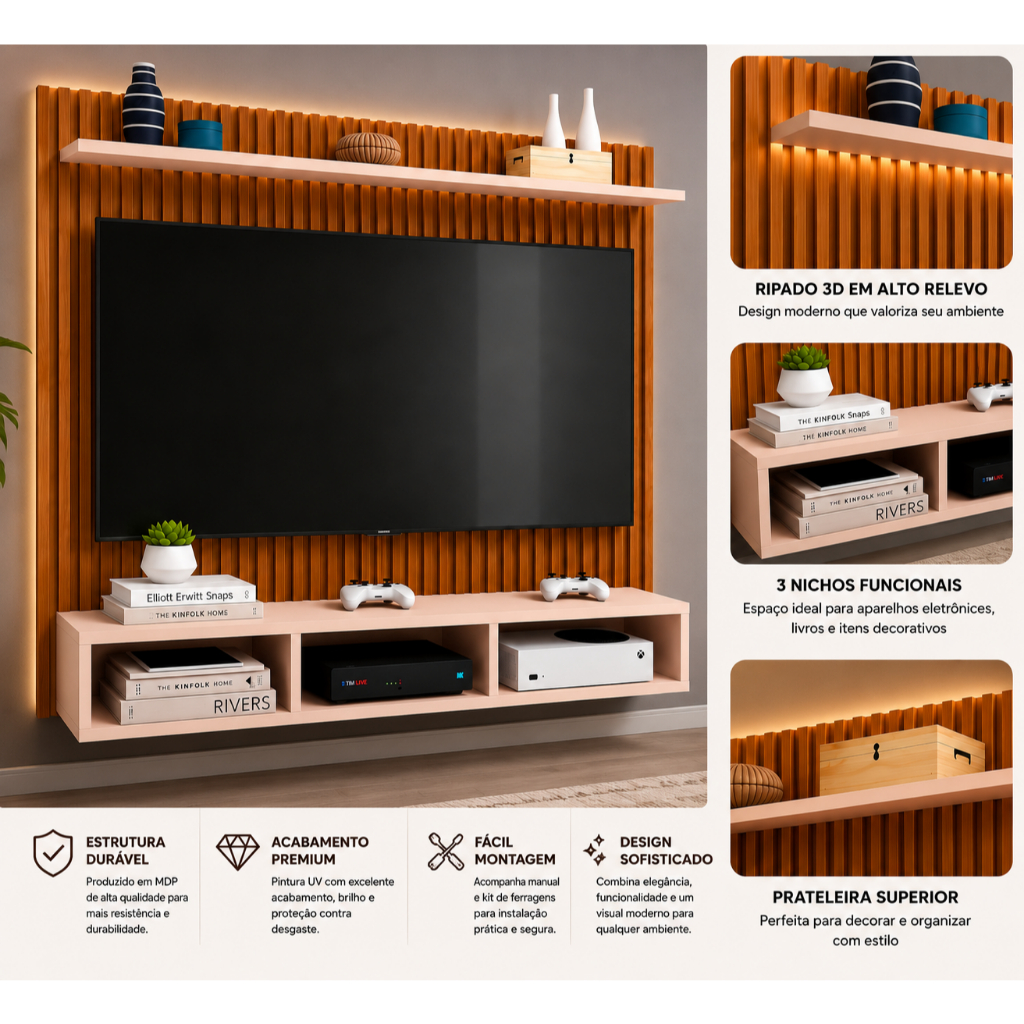 Painel Aconchego Ripado TVs até 50 Polegadas com Nicho, Prateleira e Suporte, Painel de TV para Sala ou Quarto Multiuso