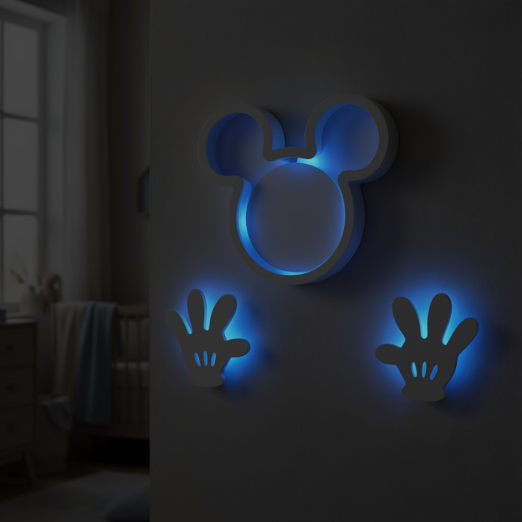 Luminária Mickey Mouse Cabeça e Mãos Com Led Azul Sem Fio Deocrativo