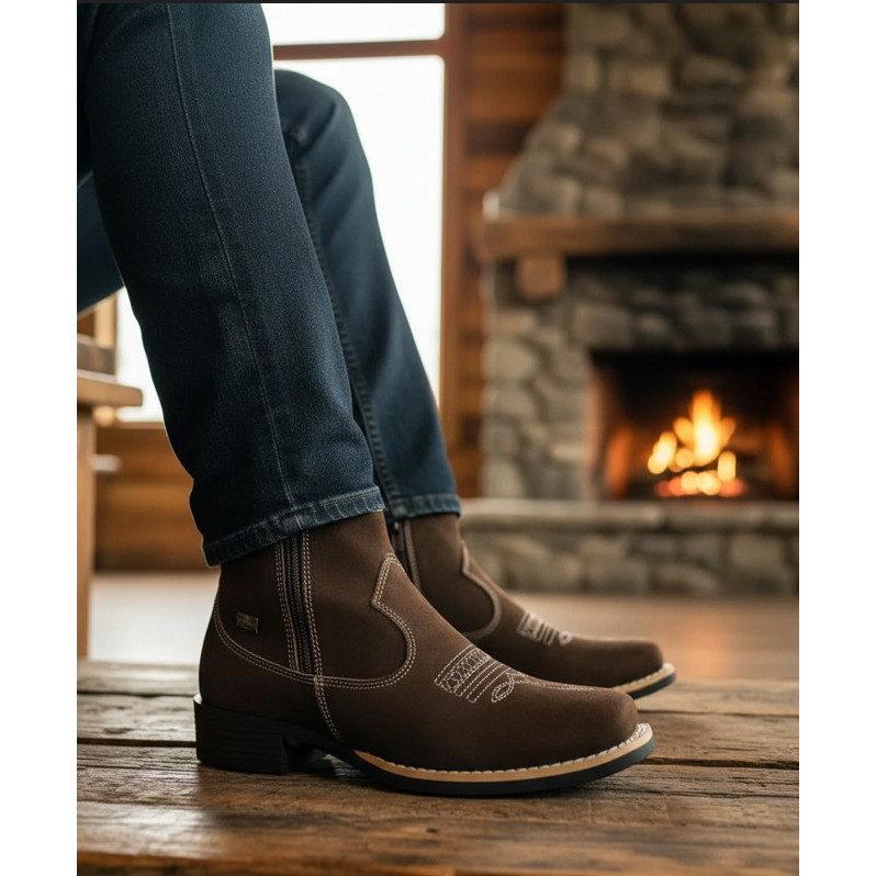 Botina Feminina Zebu Texana Nobuck Café Bota Com Bico Quadrado E Caminhar Leve