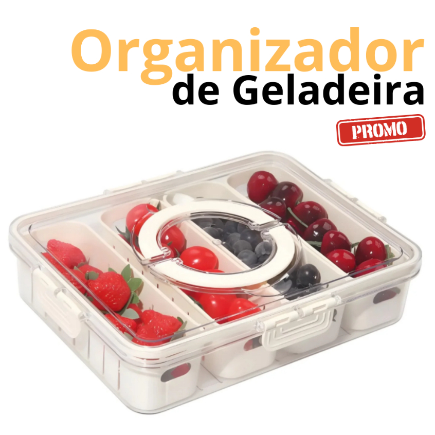 Organizador de Geladeira Acrílico Hermético com 4 Divisórias e Alça para Frutas e Legumes