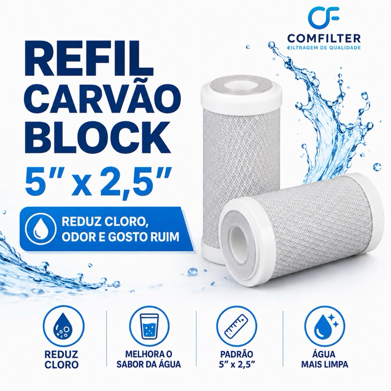 Refil Filtro Carbon Block 5 de Agua Carvão Ativado Purificador Tira Cloro e Odor da Água