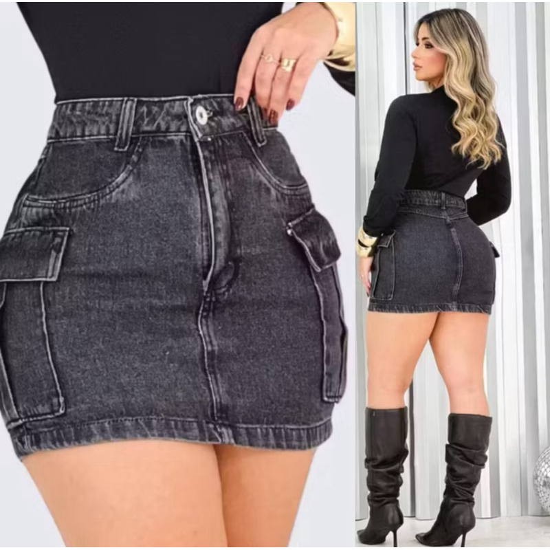 Saia Feminina jeans Cargo Cintura Alta Empina Bumbum Com Bolsos