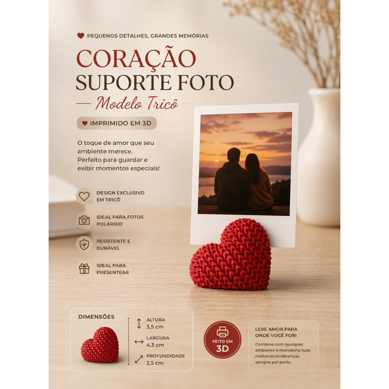 Kit com 2 Suportes para Foto Polaroid em Formato de Coração – Impressão 3D | Porta Retrato|Decorativo|Amor|Mimo|Presente