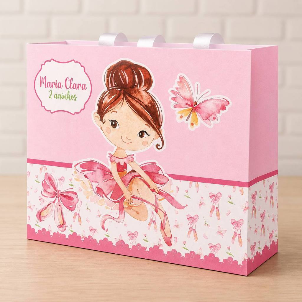 Sacola M Personalizada Bailarina Rosa Laço Lembrancinha Aniversário Infantil 14,5x19cm