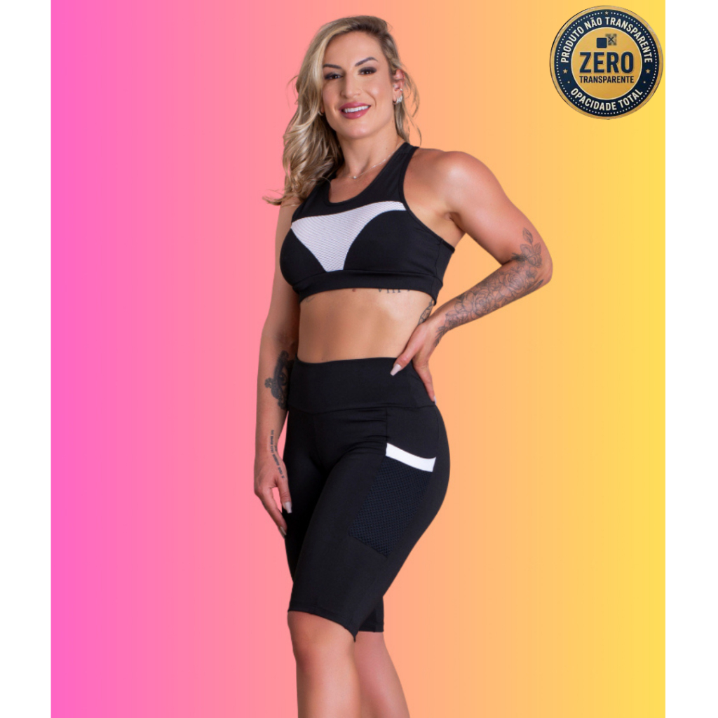 Conjunto Fitness Feminino Bermuda Cintura Alta Com Bolso Tela Lateral E Top Nadador Com Tela Academia ZERO TRANSPARÊNCIA